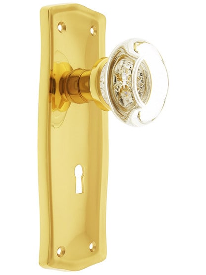 Prairie Plate with Round Clear Crystal Knob with Keyhole in Polished Brass.